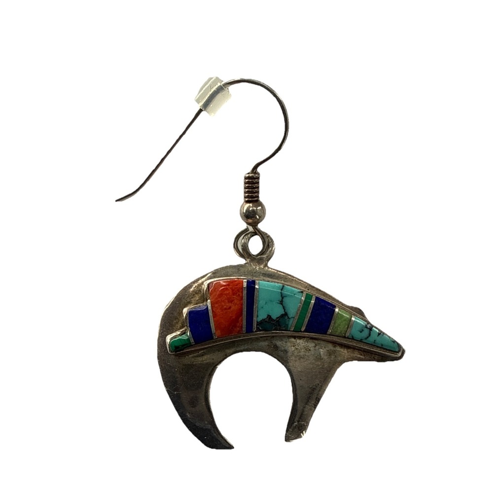 Navajo Rick Tolino Sterling Silver Dangle‎ Drop Earrings Inlay Bear